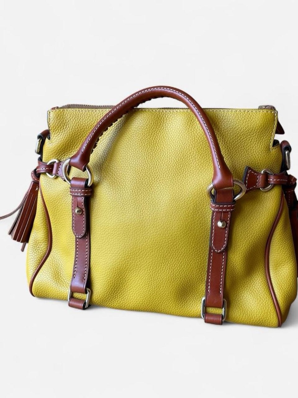 Dooney & Bourke Mustard Yellow Pebbled Leather Satchel with Brown Trim - Picture 3 of 7